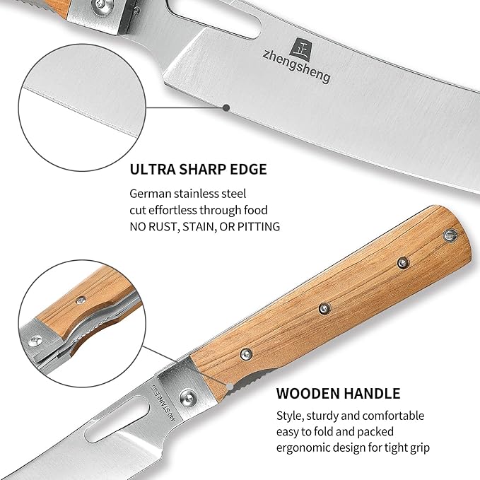 Folding Chef Knife with Nylon Pouch 4.8” Ultra Sharp 440A Stainless Steel Blade Natural Olive