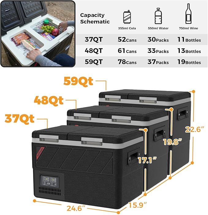 Setpower DT55 Portable Refrigerator with APP Control, 59QT(55L) Dual Zone Fridge Freezer, Electric