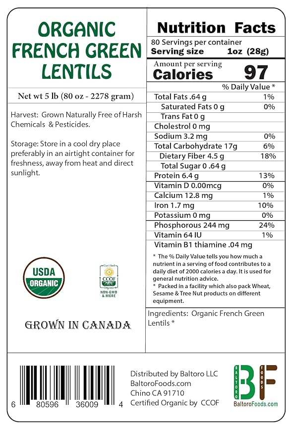 Organic French Green Lentils Whole Raw, High Fiber Non-GMO-Bulk (5LB)