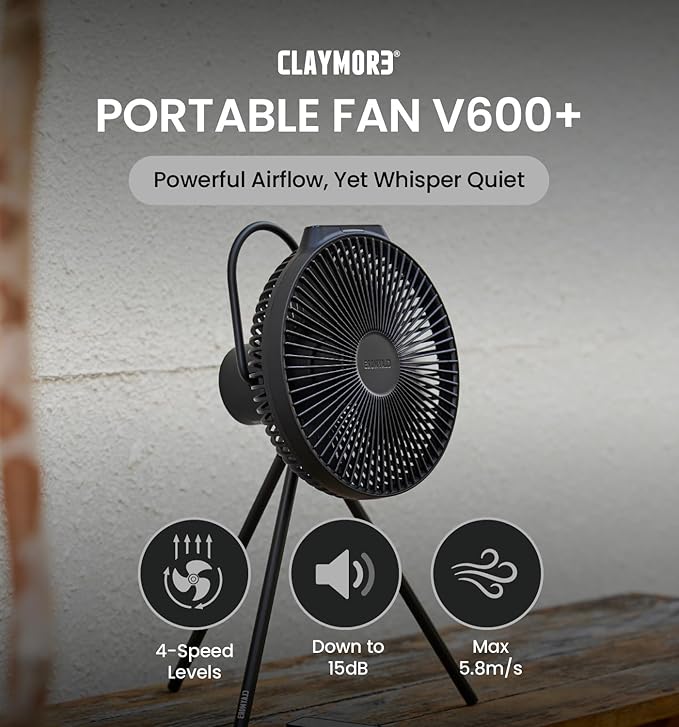 Claymore V600+ Black Rechargeable Portable Fan ??7,800mAh Battery, 4-Speed BLDC Ultra-Quiet Air