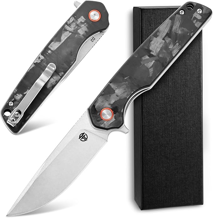 FF19 Folding Pocket Knife，D2 Steel Blade Carbon Fiber Handle EDC Tool Knife for Outdoor Camping
