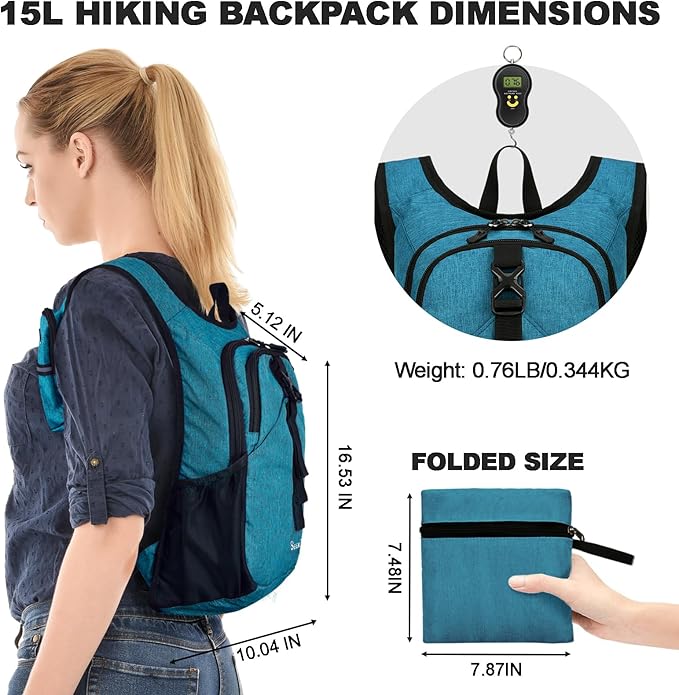 Seektop 15L Small Hiking Backpack for Women Men, Foldable Packable Backpack with Phone Pocket