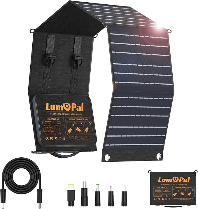Portable Solar Panel, LUMOPAL 60W Foldable Solar Panels Folding Solar Charger with PD60W USB C