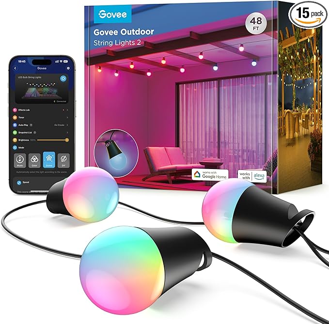 Govee Smart Outdoor String Lights 2, 48ft Outdoor Lights with Dimmable Warm White LED Bulbs, 47