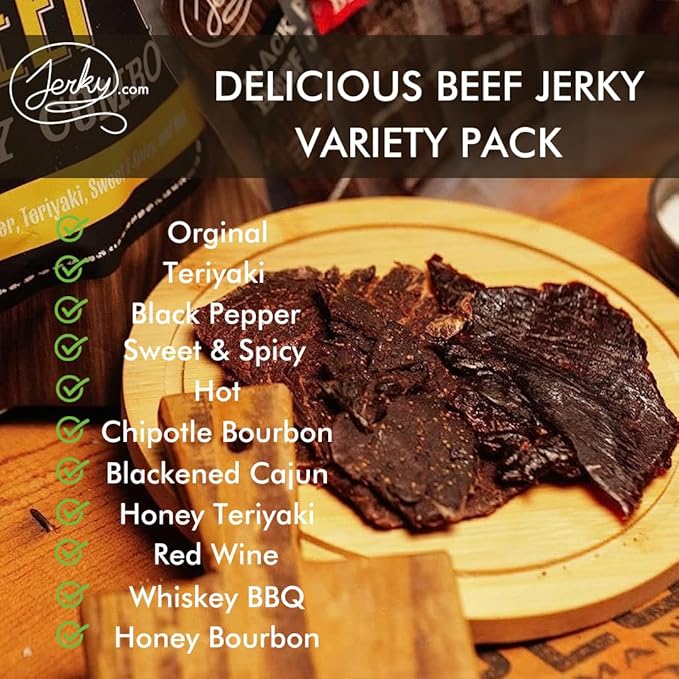 Jerky.com Beef Jerky Sampler - Featuring Original, Black Pepper, Teriyaki, Sweet & Spicy, Hot