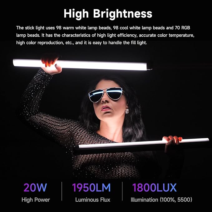 VILTROX K60 2 Pack Large Handheld Stick Light, 32Wh Rechargeable Battery 20W 1950lm RGB LED Video