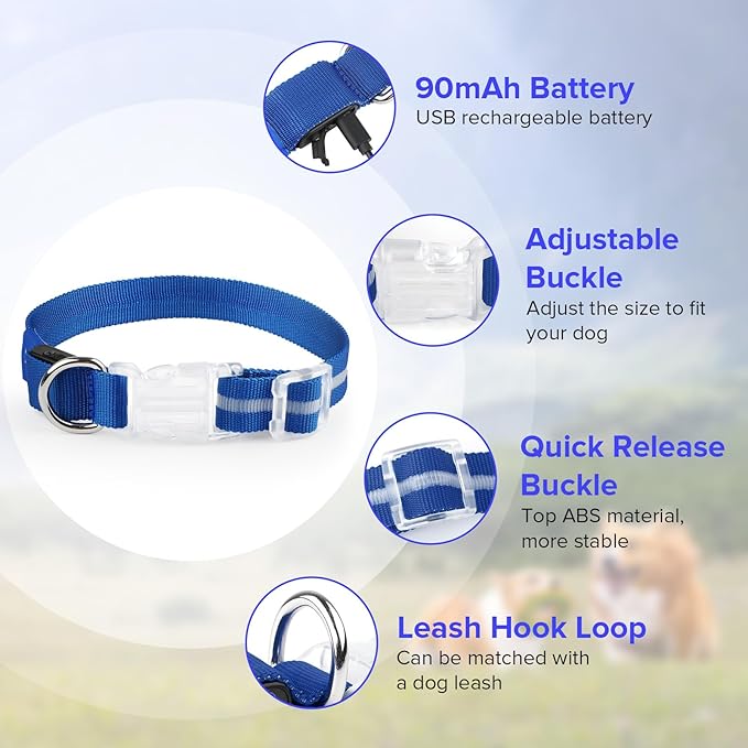 Light Up Dog Collar, Adjustable USB Rechargeable Glow in Dark Dog Collar ，Waterproof Dog Collars