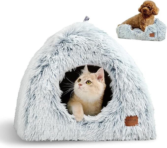 CATISM Cat Bed, Cat Cave for Indoor Cats, Soft Cat Dome, Self-Warming 2 in 1 Foldable Pet Cat House