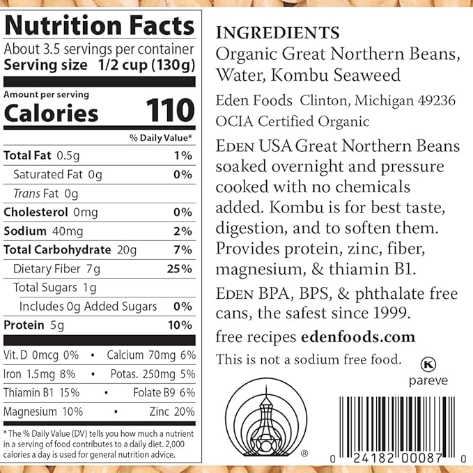 Eden Organic Great Northern Beans, 15 oz Can, No Salt, Non-GMO, Gluten Free, Vegan, Kosher, U.S.