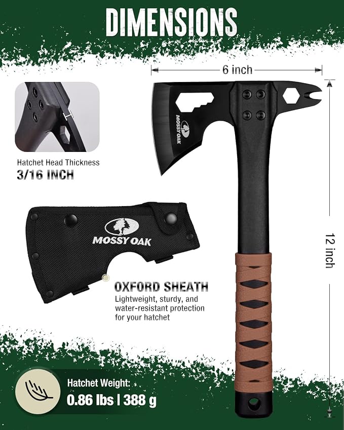 MOSSY OAK 12" Camping Axe and Survival Hatchet with Sheath, Compact Outdoor Multitool Hatchet with
