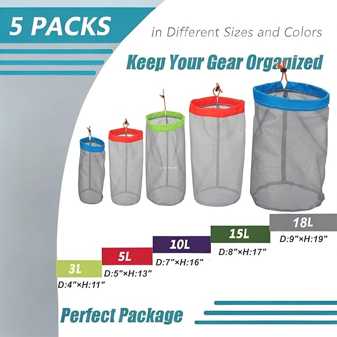 Alemon Small to XXlarge 5 Pcs Drawstring Mesh Stuff Sack, Ditty Bags Storage Pouch Bags Sleeping