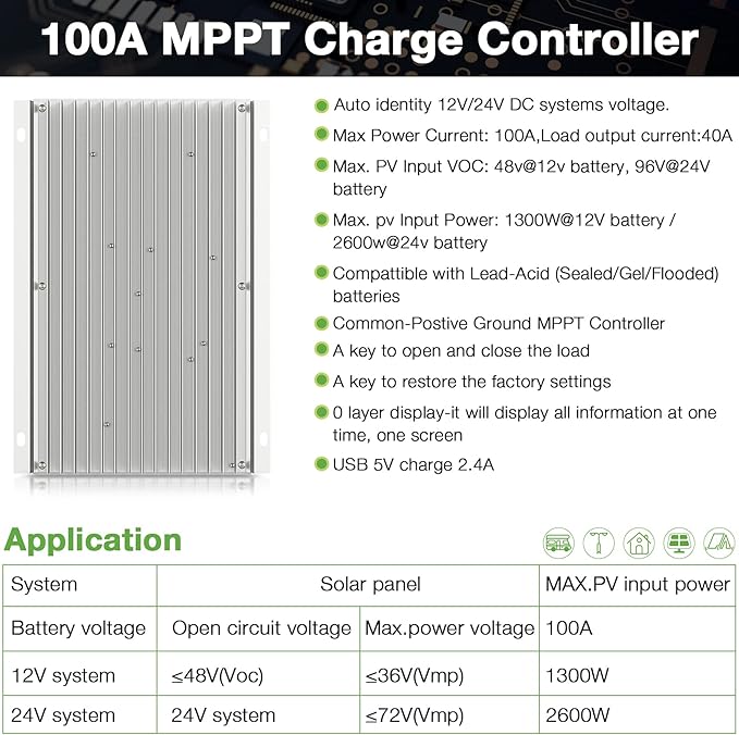 MPPT Charge Controller 100 amp 12V/24V Auto, 100A Solar Panel Charge Regulator with Blacklight LCD