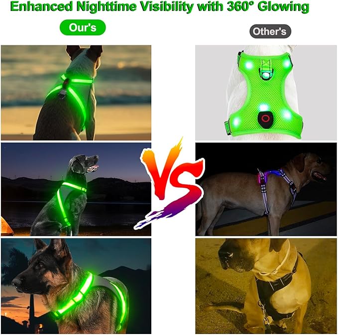 Visinite LED Dog Harness, USB Rechargeable Light Up Dog Vest, 2 Illuminate Modes Glow in The Dark