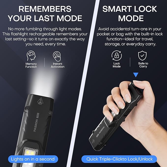 EDC Tactical Flashlight, Flat Flashlights Rechargeable,Dual-Switches LED Small Flashlight with