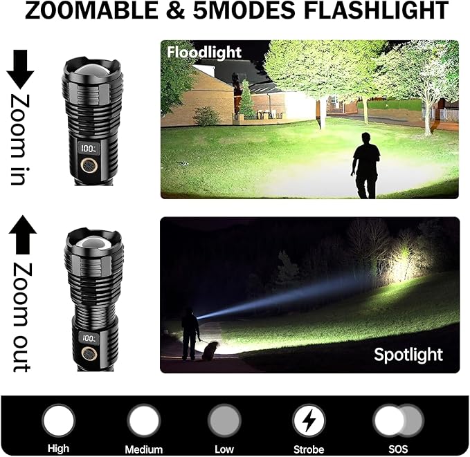 Flashlights High Lumens Rechargeable, LED Super Bright Flash Light Long Beam, Zoomable Linternas