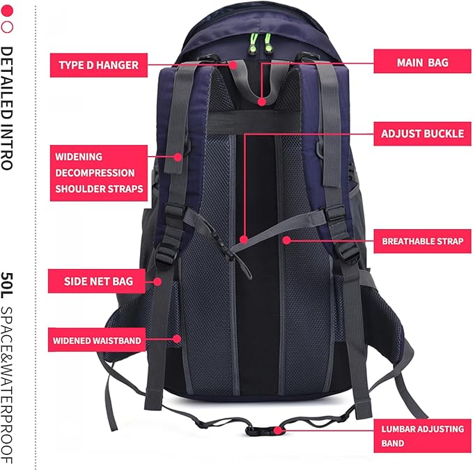 Bseash 50L Hiking Backpack, Water Resistant Lightweight Outdoor Sport Daypack Travel Bag for