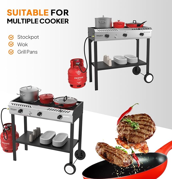 ROVSUN 3 Burner Outdoor Propane Burner with Ignition & Regulator, 225,000 BTU Powerful & Portable