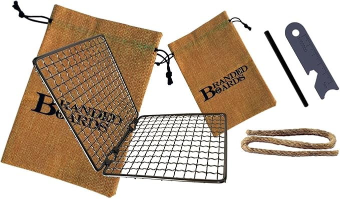Portable Bushcraft Stainless BBQ Cooking Grill Grate, Bamboo Cutting Board, Burlap Bag, Mini Knife
