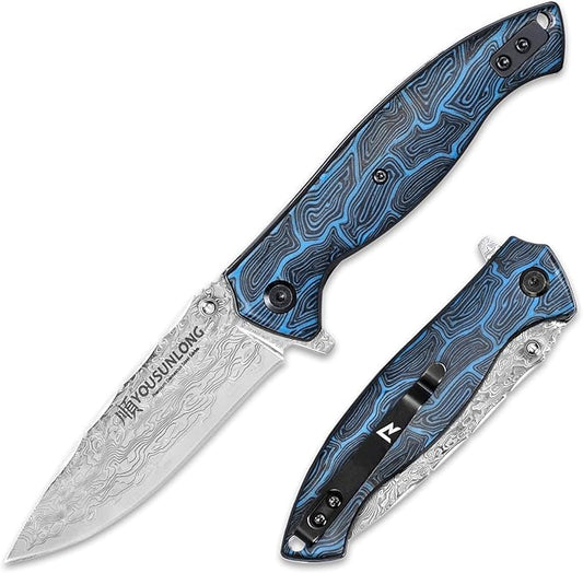 YOUSUNLONG Folding Knife - Hammered Damascus Steel Blade - Blue Damascus texture G10 Cover