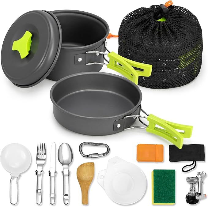 15pcs Camping Cookware Mess Kit,Non-Stick Lightweight Pots Set Portable Outdoor Cookware for