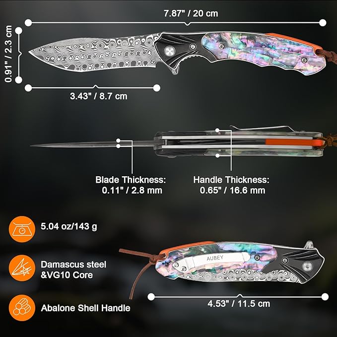 AUBEY Damascus Pocket Knife for Women Men, 3.43" VG10 Damascus Steel Blade Knife with Clip, EDC