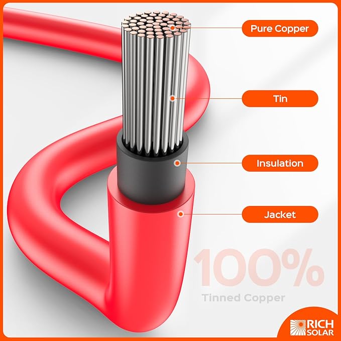 RICH SOLAR 10 Gauge 10AWG One Pair 50 Feet Red + 50 Feet Black Solar Panel Extension Cable Wire