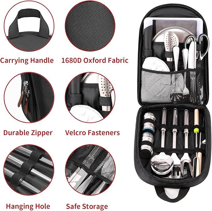 Portable Camping Kitchen Utensil Set-27 Piece Cookware Kit, Stainless Steel Outdoor Cooking and