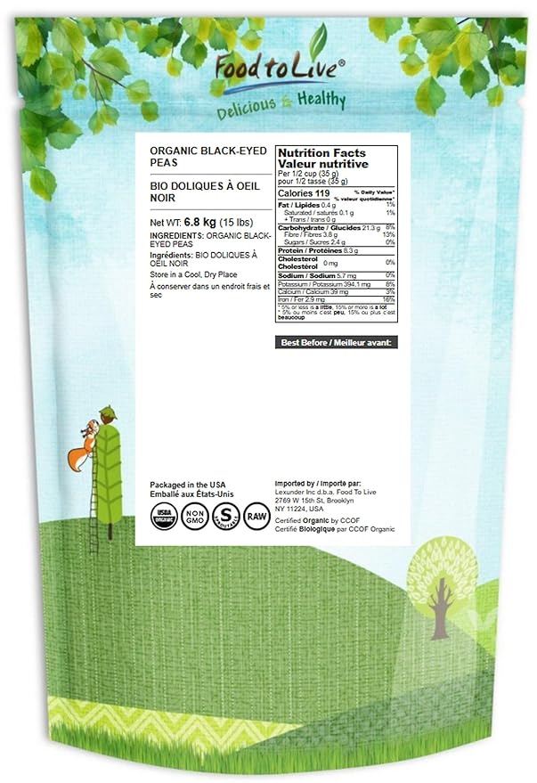 Food to Live Organic Black-Eyed Peas, 15 Pounds ??Raw Dried Cow Peas, Non-GMO, Bulk Beans, Product