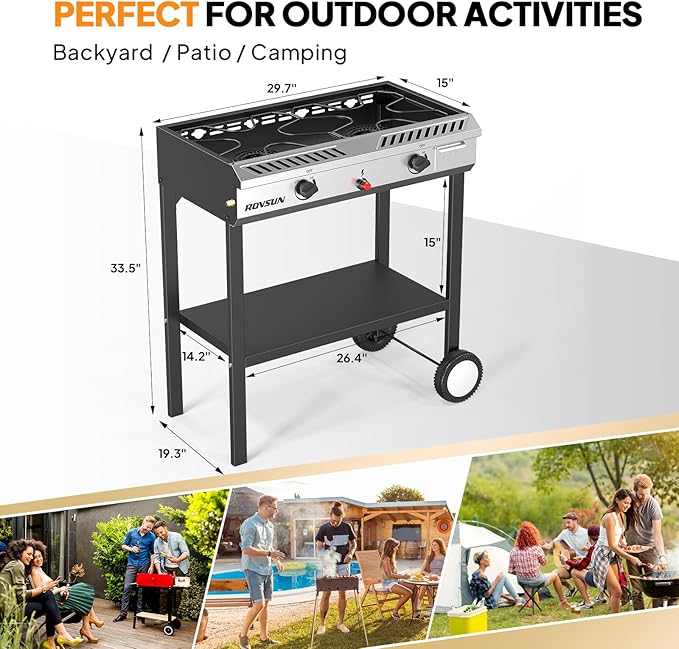 ROVSUN 2 Burner Outdoor Propane Gas Stove with Auto-ignition, Regulator & Shelf, 150,000 BTU