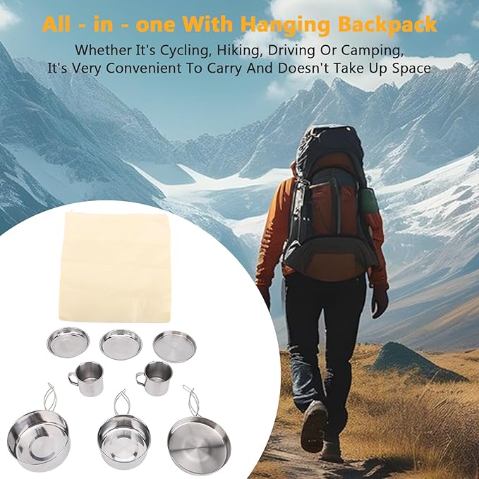 8PCS Stainless Steel Camping Cooking Set Cookware Mess Kit Cook Pots and Pan Set with Plates Cups