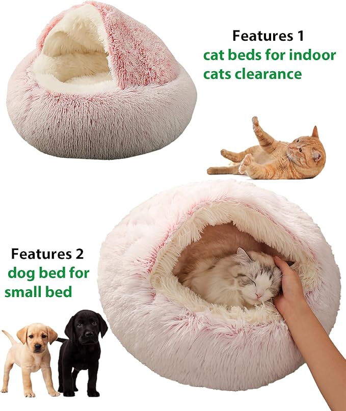 ShinHye Cozy Cat Bed - Round Plush Fluffy Hooded Cave, Indoor/Outdoor, Waterproof & Washable
