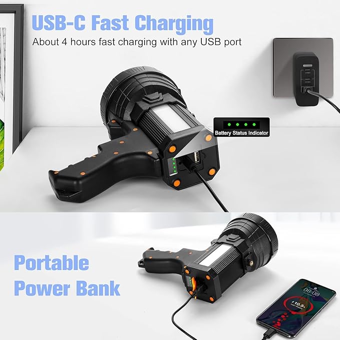 YIERBLUE Rechargeable Spotlight, Super Bright 99,000 High Lumen LED Handheld Spotlight Long Lasting