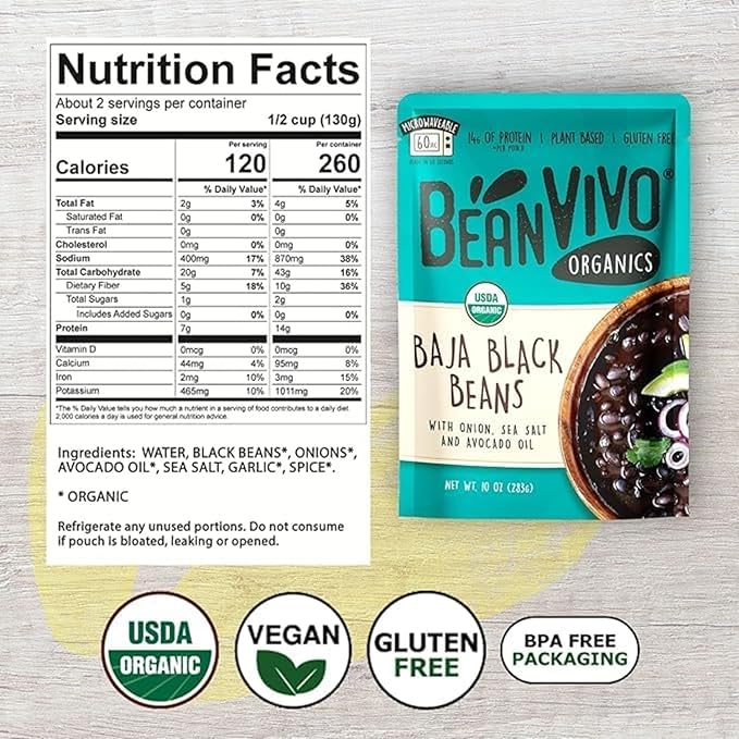 BeanVIVO (Pack of 12) Organics 14g Plant based Protein Baja Black Beans - Good Source of Fiber
