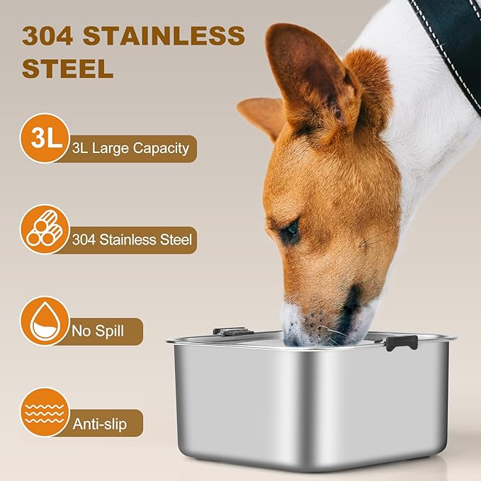 3L/101oz No Spill Dog Water Bowl, Slow Drinking Travel Dog Bowl Spill Proof, Stainless Steel