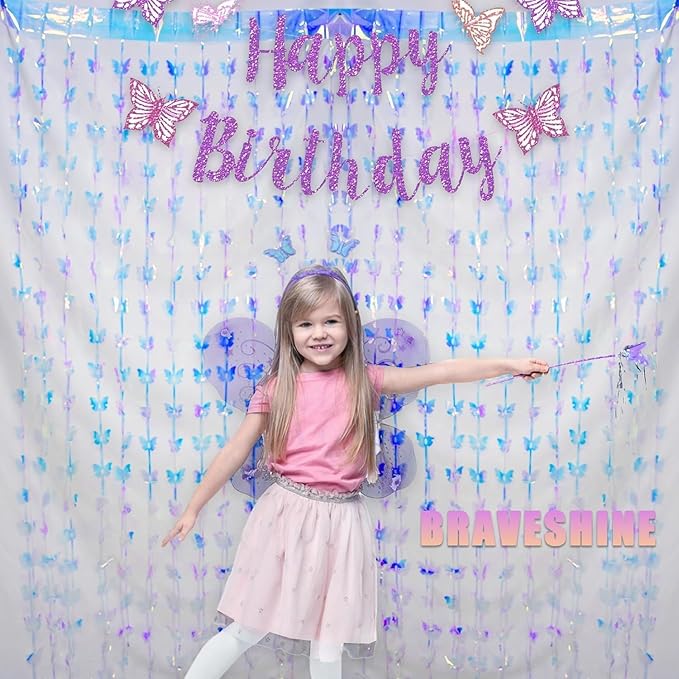 BRAVESHINE Iridescent Hanging Butterfly Foil Fringe Curtain - 2 Pack 3.2x6.6ft Holographic Party