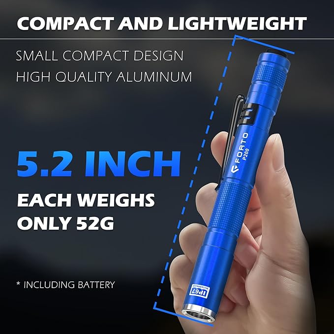 FORTO LED Pen Light, 200 Lumens Pocket Flashlight, IP67 Waterproof, 2 Modes, 2 Pack with AAA