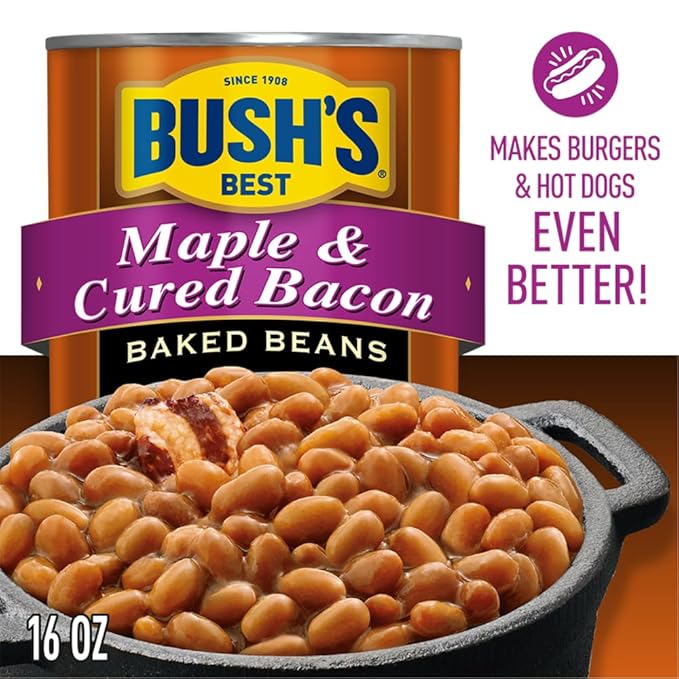 BUSH'S BEST 16 oz Canned Maple Cured Bacon Baked Beans Source of Protein and Fiber, Low Fat, Gluten