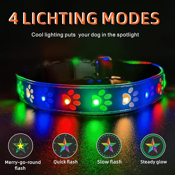 LED Light Up Dog Collar, USB-C Rechargeable, Multicolor Paw Print Design, 15 Modes Lighting Night