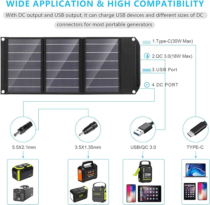 MARBERO Portable Solar Panel 30W Solar Panel Charger 23% High Efficiency Foldable Solar Panels