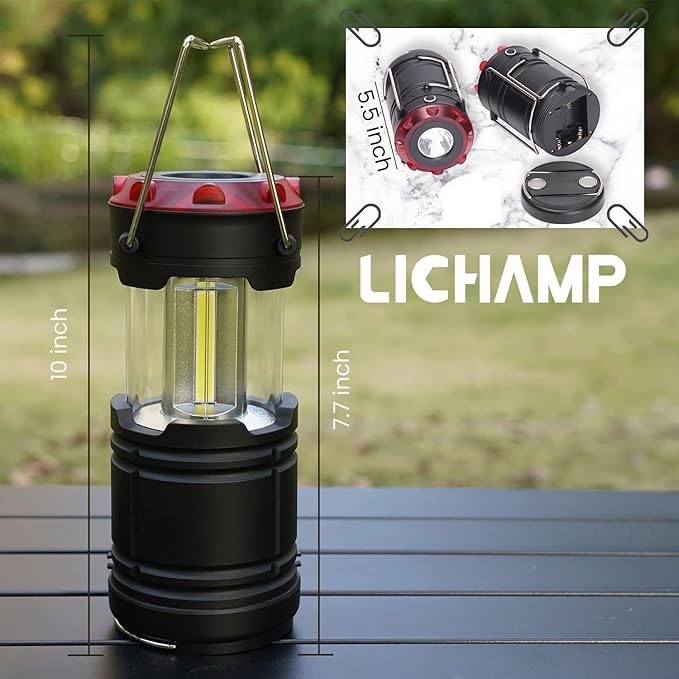 Lichamp Collapsible 2-Pack Camping Lanterns, 300LM COB Light & 150LM Flashlight with Red