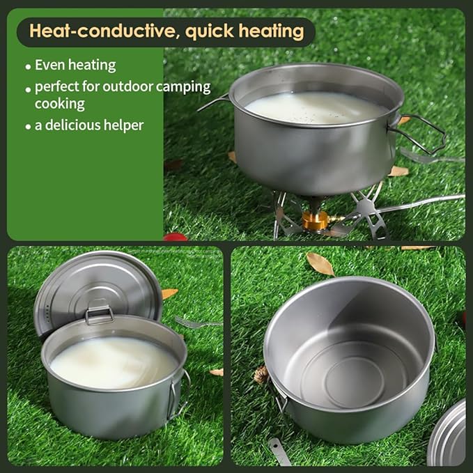 BY-J 3 Piece-Set, Outdoor Titanium Frying Pan & Pot with Lid Folding Handle Camping Hanging