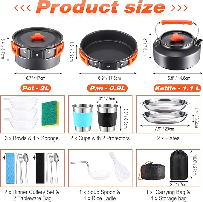 Soulchen 25 Pcs Camping Cookware Mess Kit Camping Pots and Pans Set with 2 Set Stainless Steel Cups