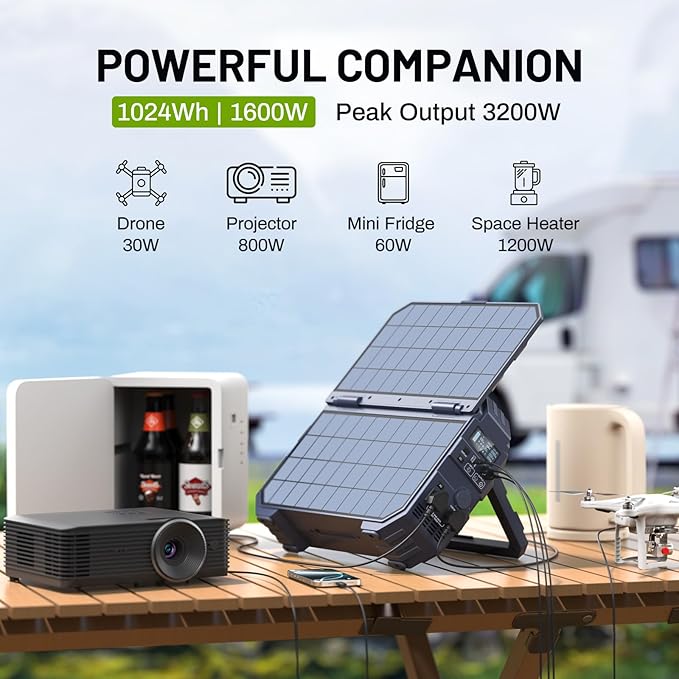 BROWEY 1600W (3200W Peak) Portable Power Station, 1024Wh LiFePO4 Battery with Built-in Solar Panel