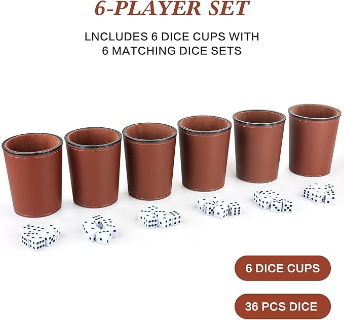 Felt-Lined PU Leather Dice Cup Set, 6 Quiet Shaker Cups With 36 Dice for Bar Party Yahtzee Farkle
