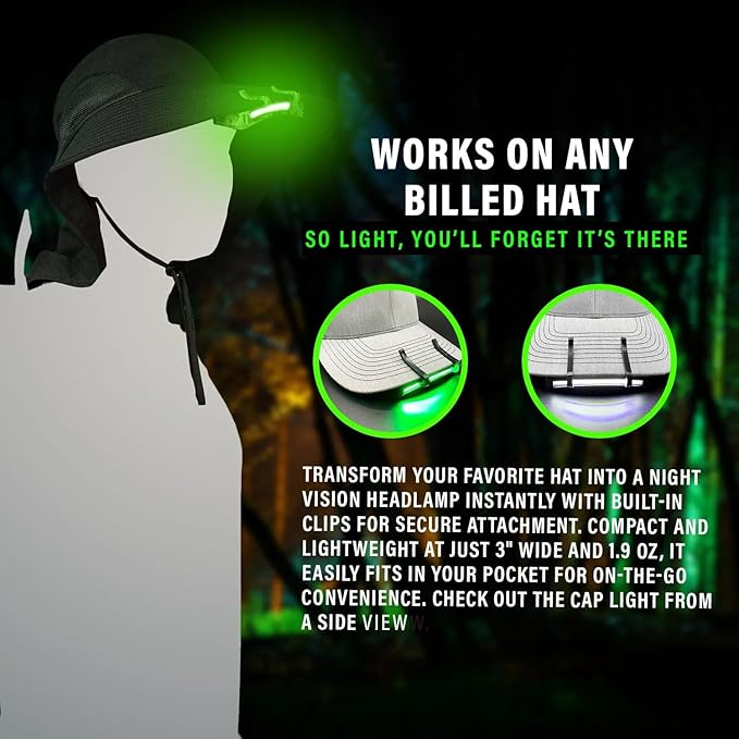Night Vision Cap Light ?“Compact, Clip-On Hat Flashlight Powered by AAA | Dual LED Modes for