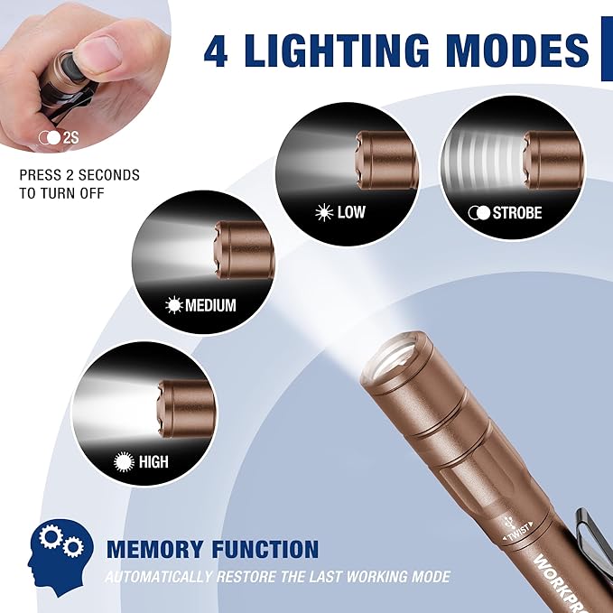 WORKPRO Rechargeable Pen Light, Mini Flashlight, 2 Pack Ultra-Compact EDC Flashlight, Pocket