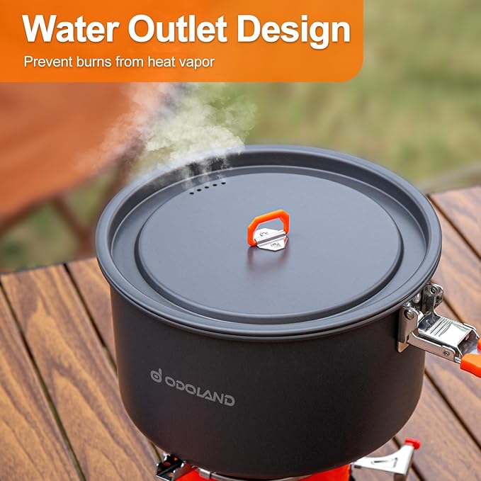 Odoland Camping Cookware Mess Kit, Non-Stick Lightweight Camping Pot and Fry Pan Set with Mesh Bag