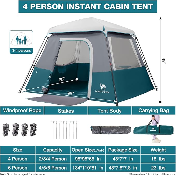 Camping Tents 4/6 Person Pop Up Instant Tent - Setup in 60s for Family Camping, Windproof Design