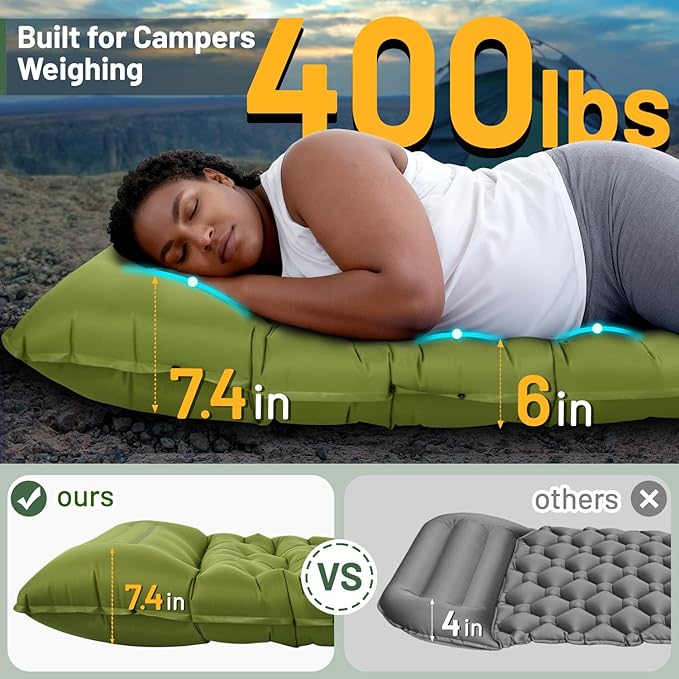Sleeping Pad for Camping, 6" Extra Thick Camping Sleeping Pad with Pillows & Built-in Foot Pump