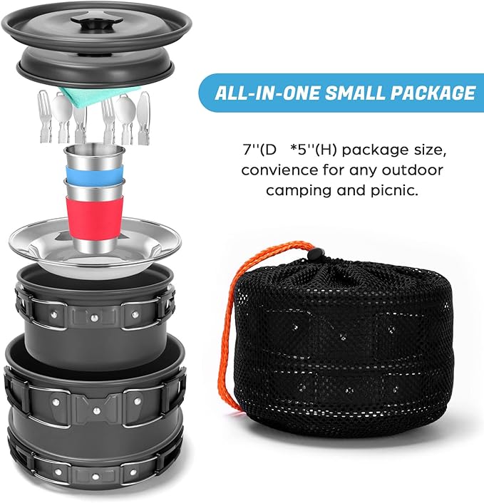 Odoland 15pcs Camping Cookware Mess Kit, Non-Stick Lightweight Pots Pan Set with Stainless Steel